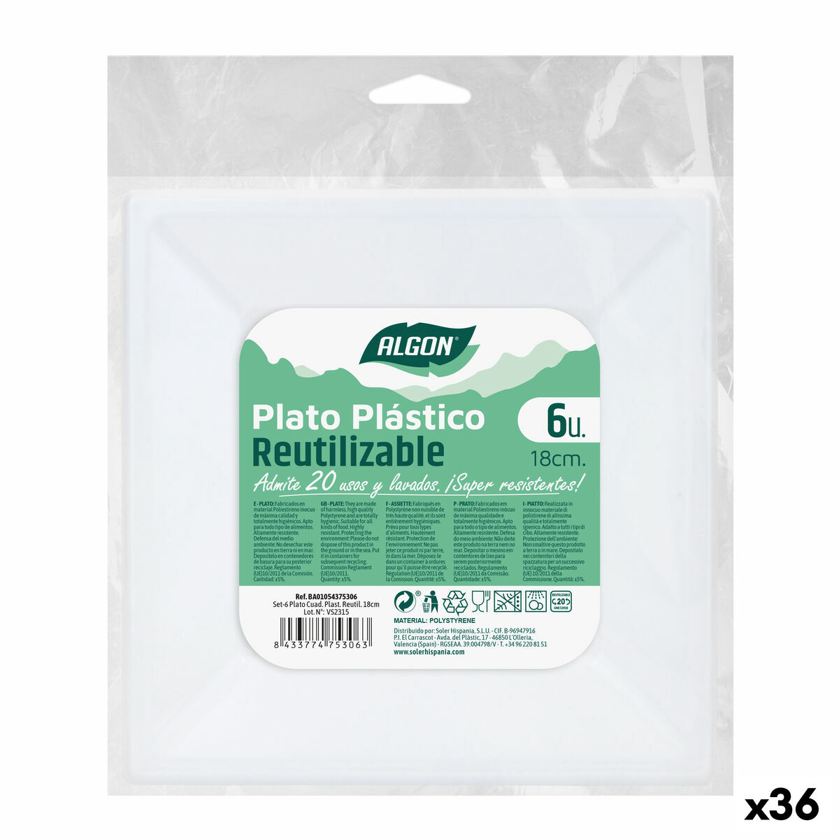 Set med återanvändbara tallrikar Algon Fyrkantig Plast 18 x 18 x 2 cm (36 antal) - 4