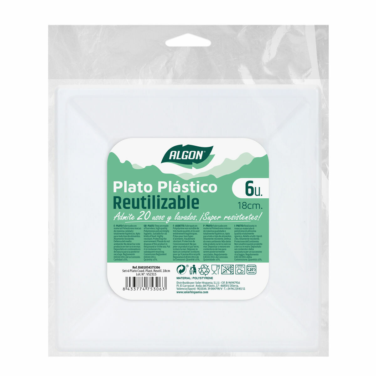 Set med återanvändbara tallrikar Algon Fyrkantig Plast 18 x 18 x 2 cm (36 antal) - 5
