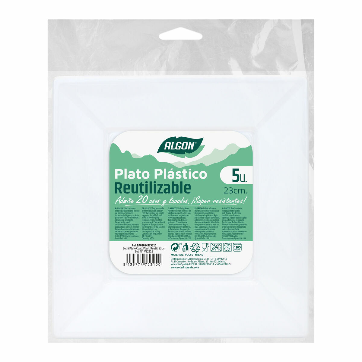 Set med återanvändbara tallrikar Algon Fyrkantig Vit Plast 23 x 23 x 2 cm (48 antal) - 3
