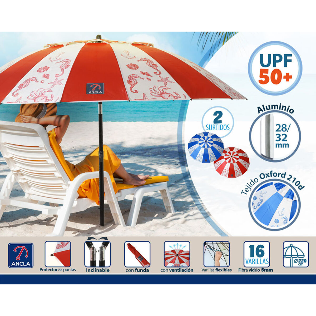 Parasoll Ø 220 cm SPF50+ Havsblå - 2