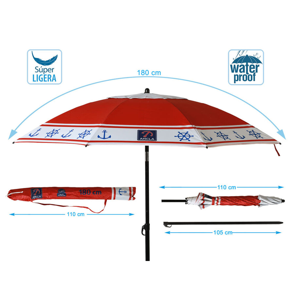Parasoll Röd Ø 180 cm SPF50+ Ankare - 5