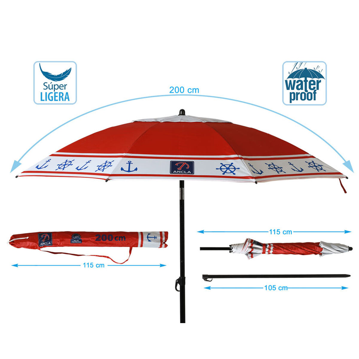 Parasoll Röd Ø 200 cm SPF50+ Ankare - 5