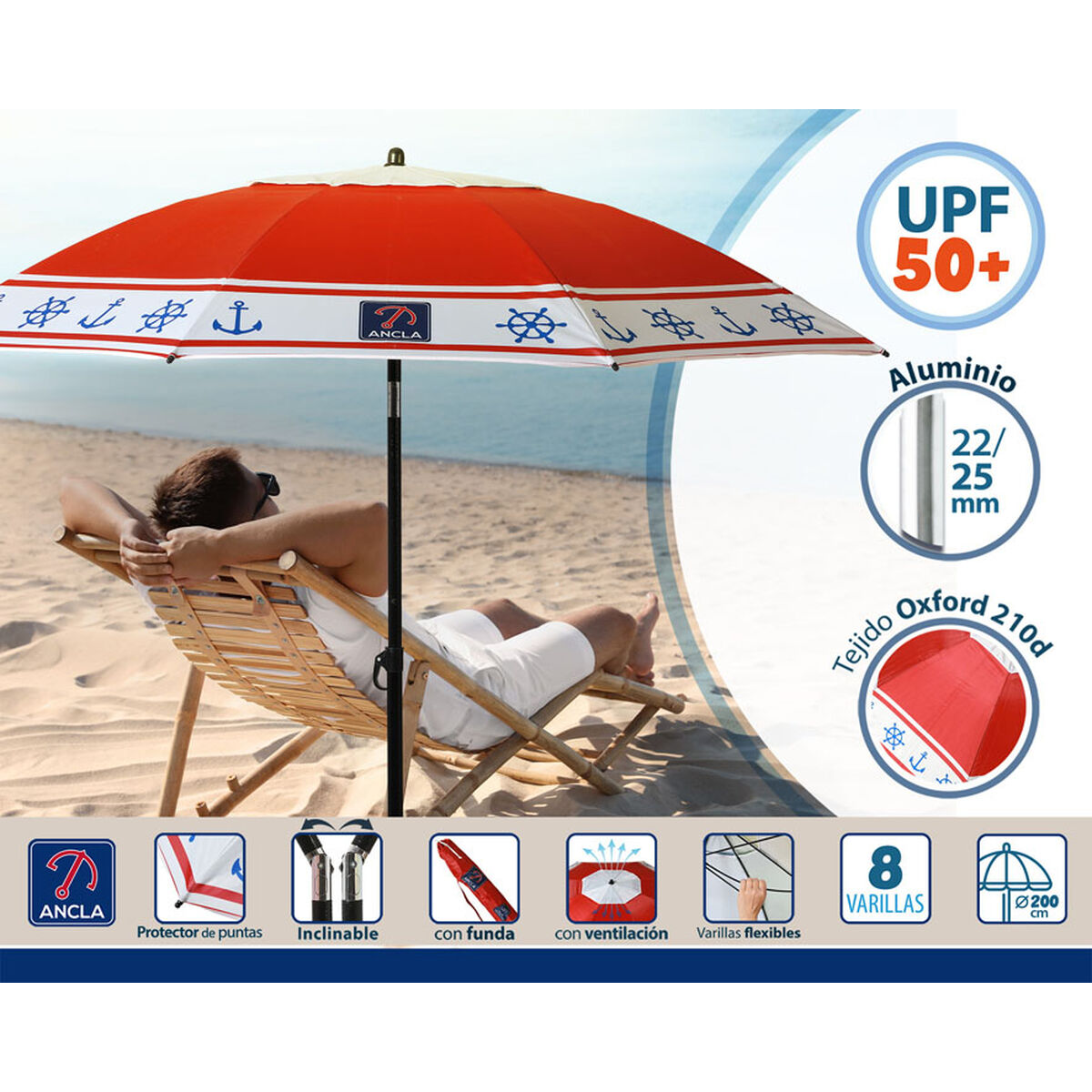 Parasoll Röd Ø 200 cm SPF50+ Ankare - 3