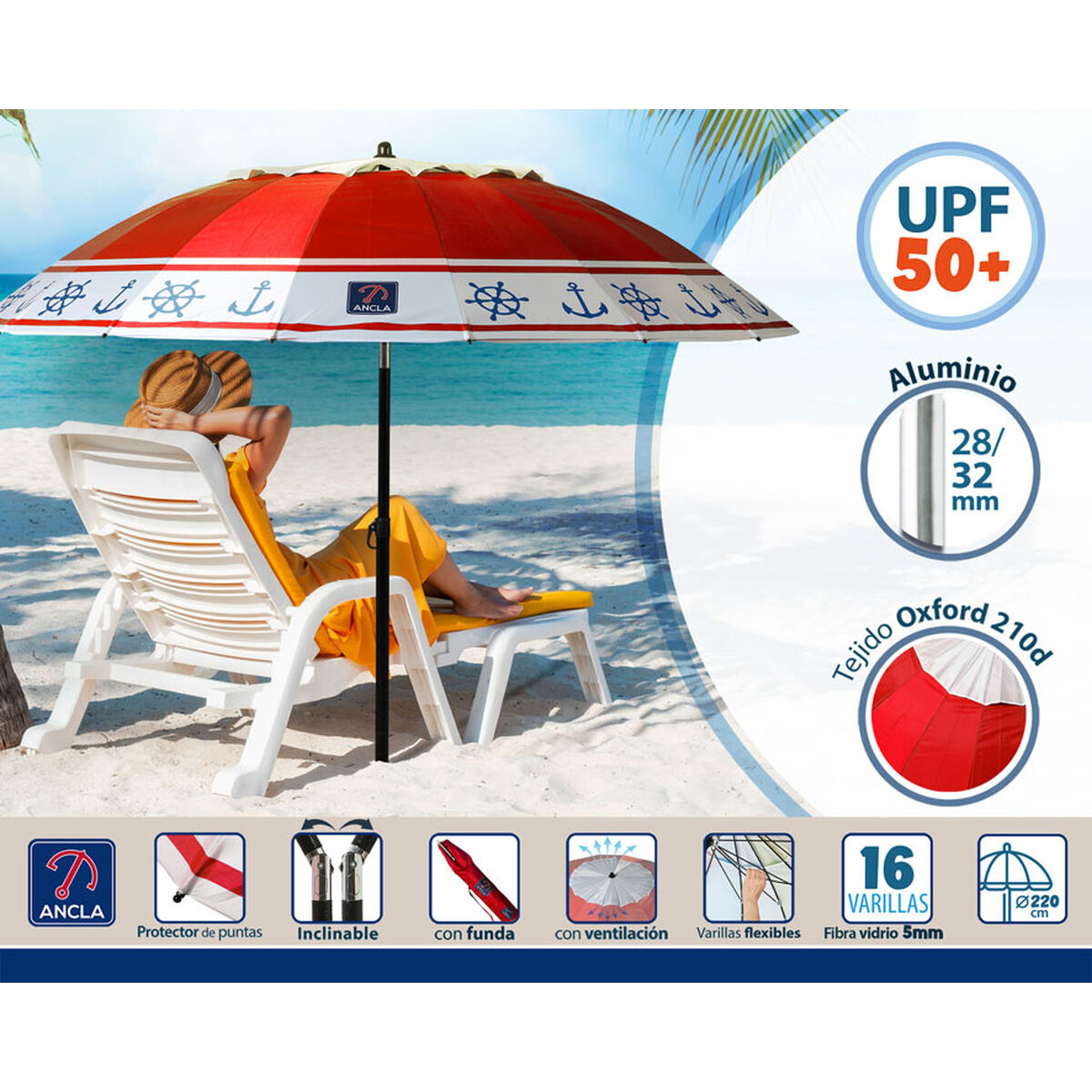 Parasoll Röd Ø 220 cm SPF50+ Ankare - 3