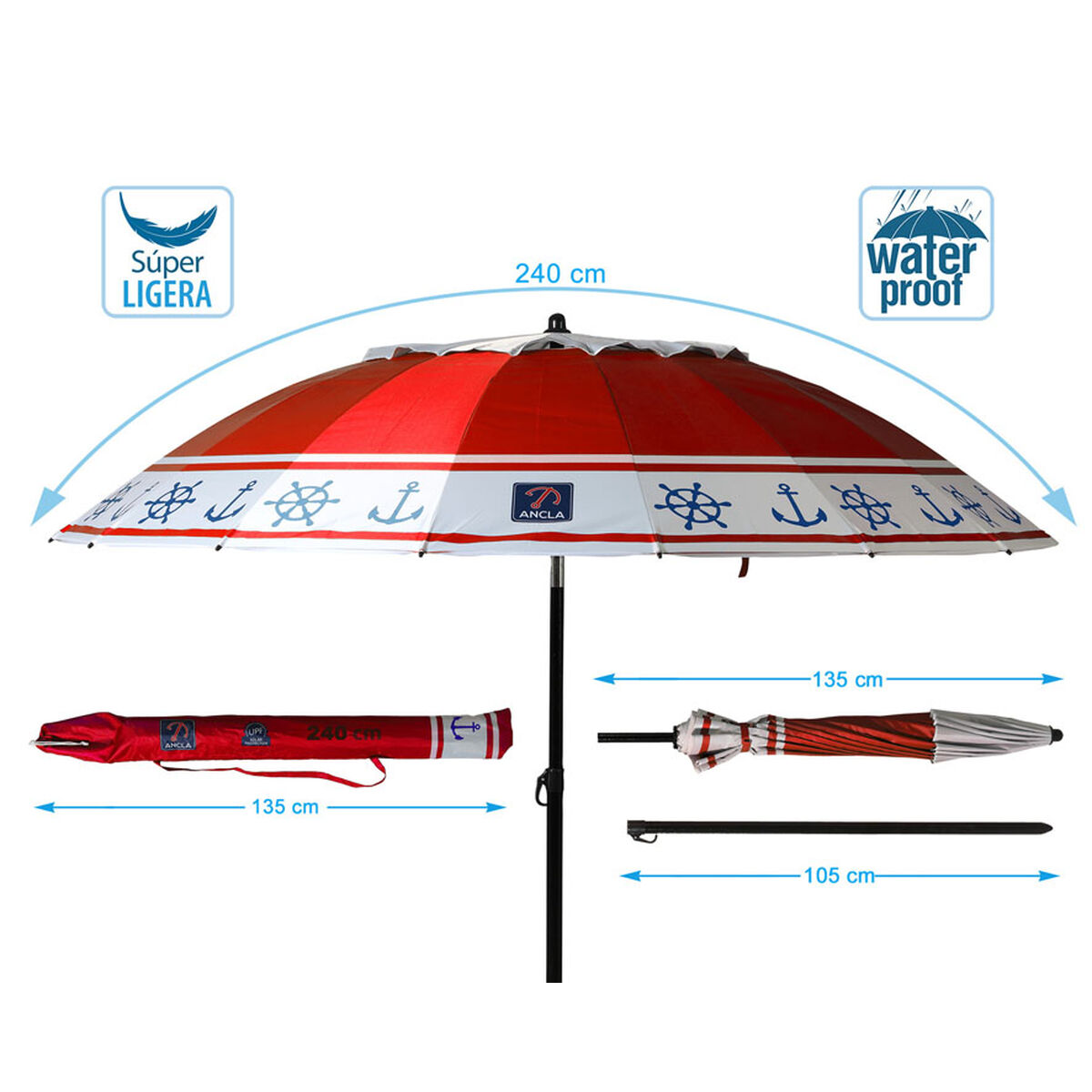 Parasoll Röd Ø 240 cm SPF50+ Ankare - 5
