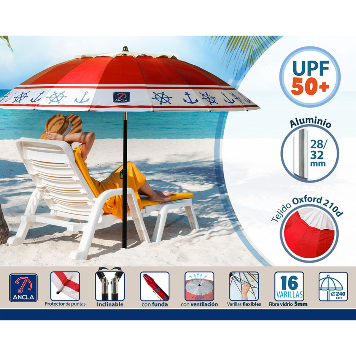 Parasoll Röd Ø 240 cm SPF50+ Ankare - 3