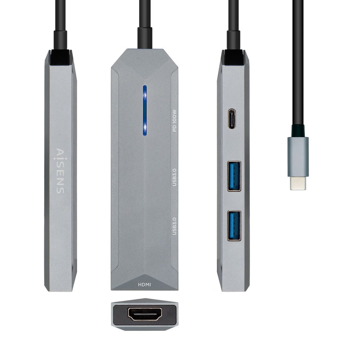 USB-HUB Aisens ASUC-4P002-GR Svart Grå