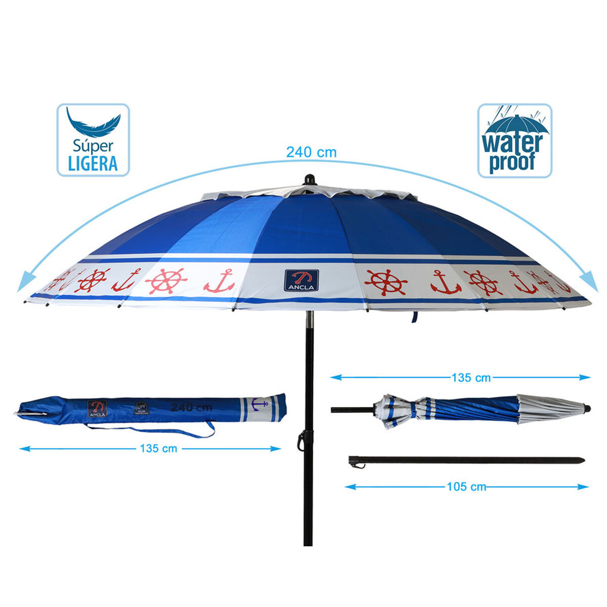Parasoll Blå Ø 240 cm SPF50+ Ankare - 5