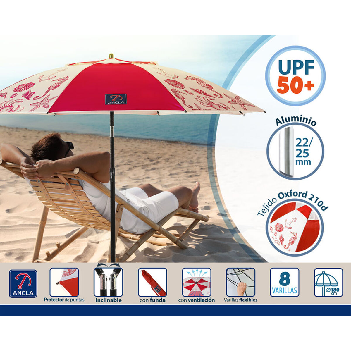 Parasoll Röd Ø 180 cm SPF50+ Havsblå - 3