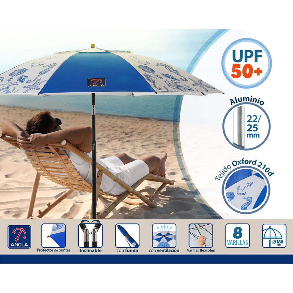 Parasoll Blå Ø 180 cm SPF50+ Havsblå - 3