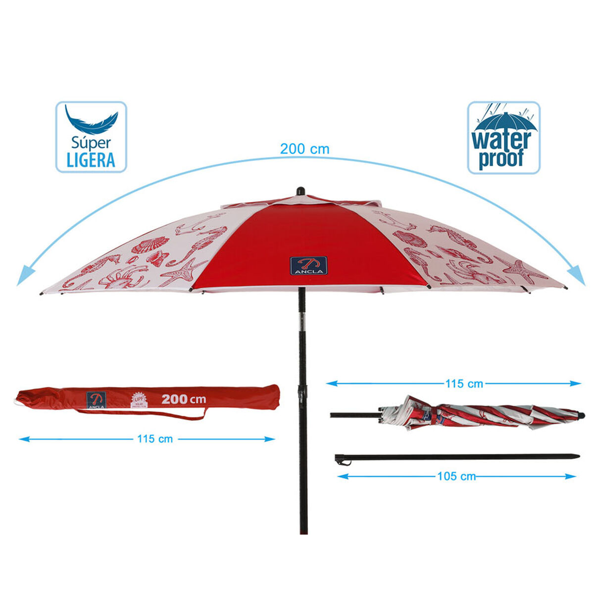Parasoll Röd Ø 200 cm SPF50+ Havsblå - 5