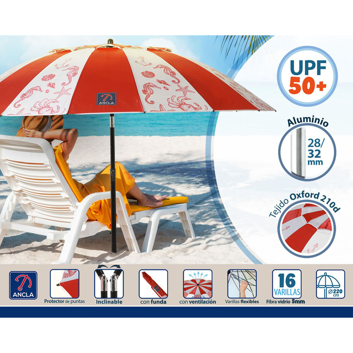 Parasoll Röd Ø 220 cm SPF50+ Havsblå - 3