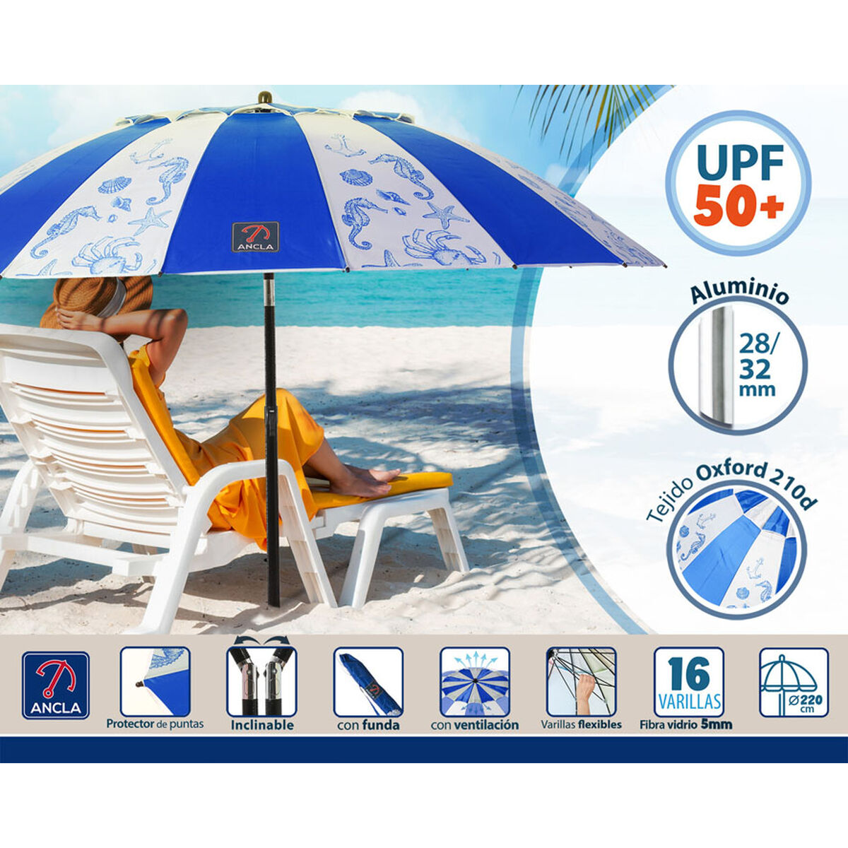 Parasoll Blå Ø 220 cm SPF50+ Havsblå - 3