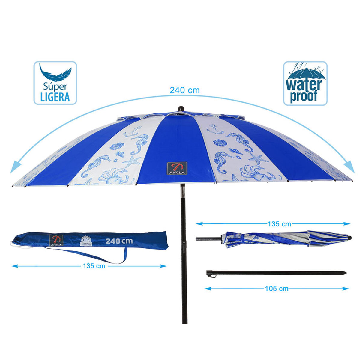 Parasoll Blå Ø 240 cm SPF50+ Havsblå - 5