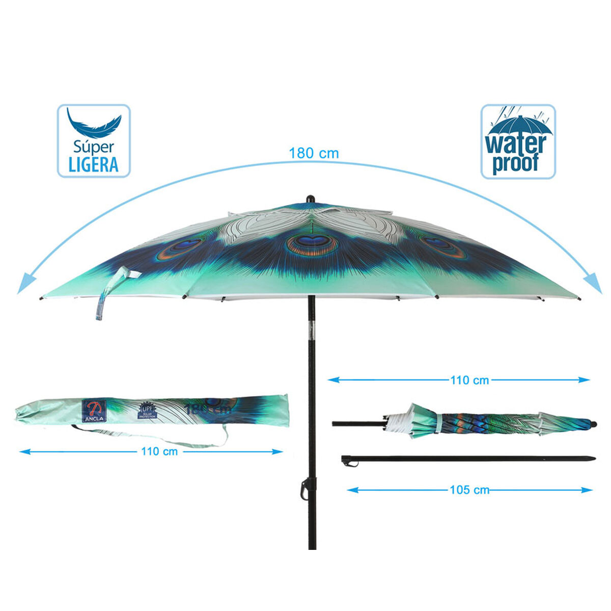 Parasoll Grön Ø 180 cm SPF50+ Påfågel - 5