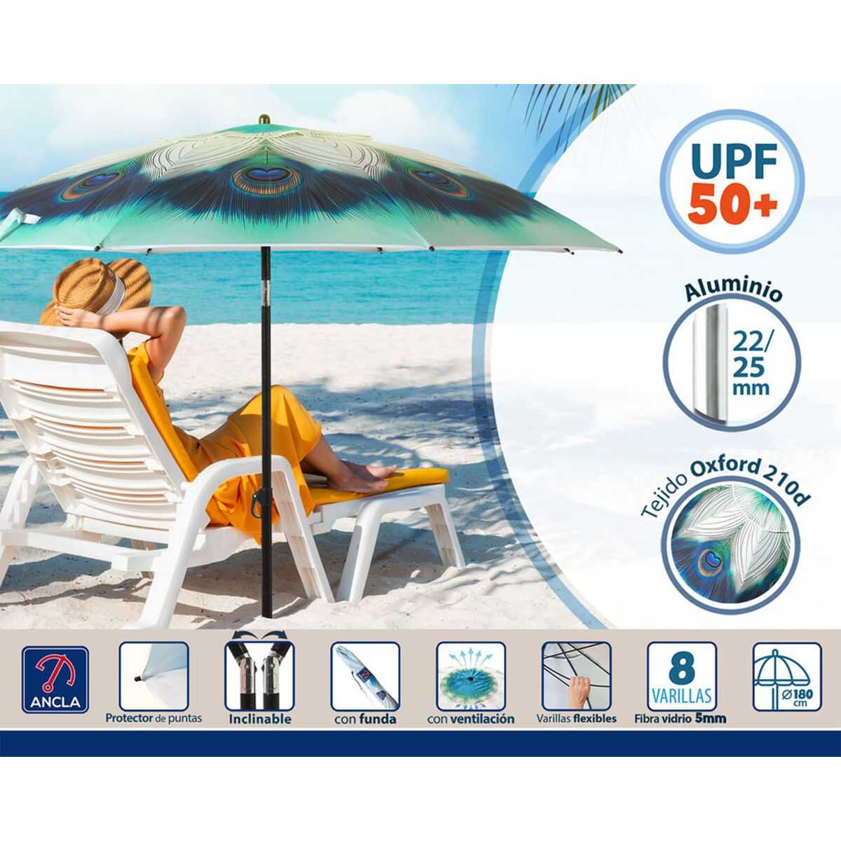 Parasoll Grön Ø 180 cm SPF50+ Påfågel - 3