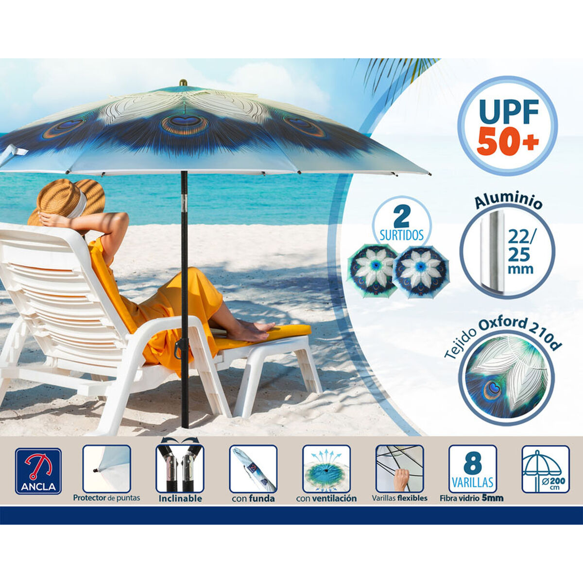 Parasoll Blå Ø 200 cm SPF50+ Påfågel - 3