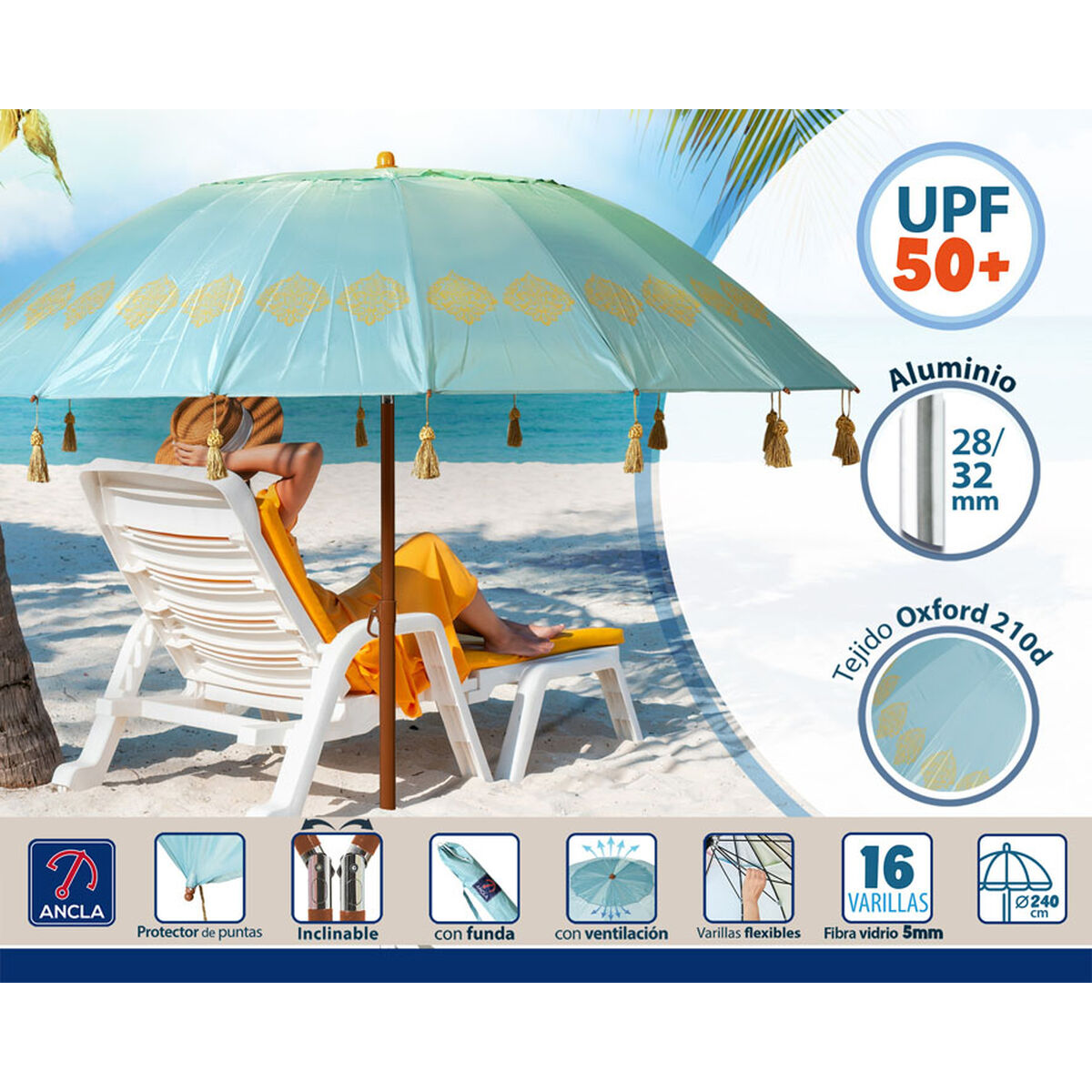 Parasoll Blå Ø 240 cm SPF50+ - 3