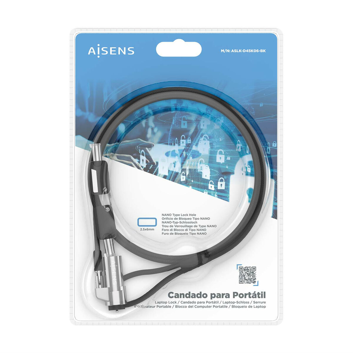 Säkerhetskabel Aisens ASLK-D45K06-BK Svart 1,5 m - 8