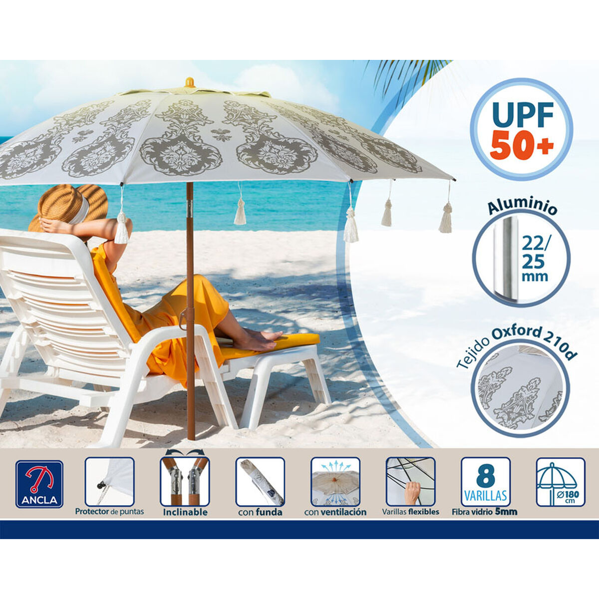 Parasoll Vit Ø 180 cm SPF50+ Boho - 3