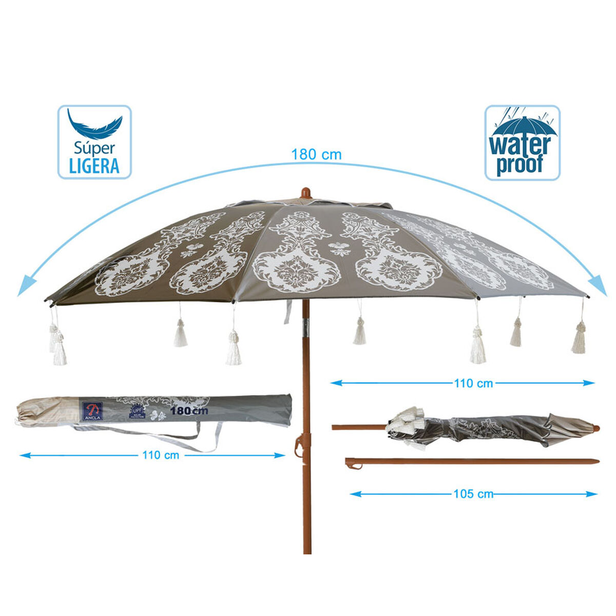 Parasoll Grå Ø 180 cm SPF50+ Boho - 5