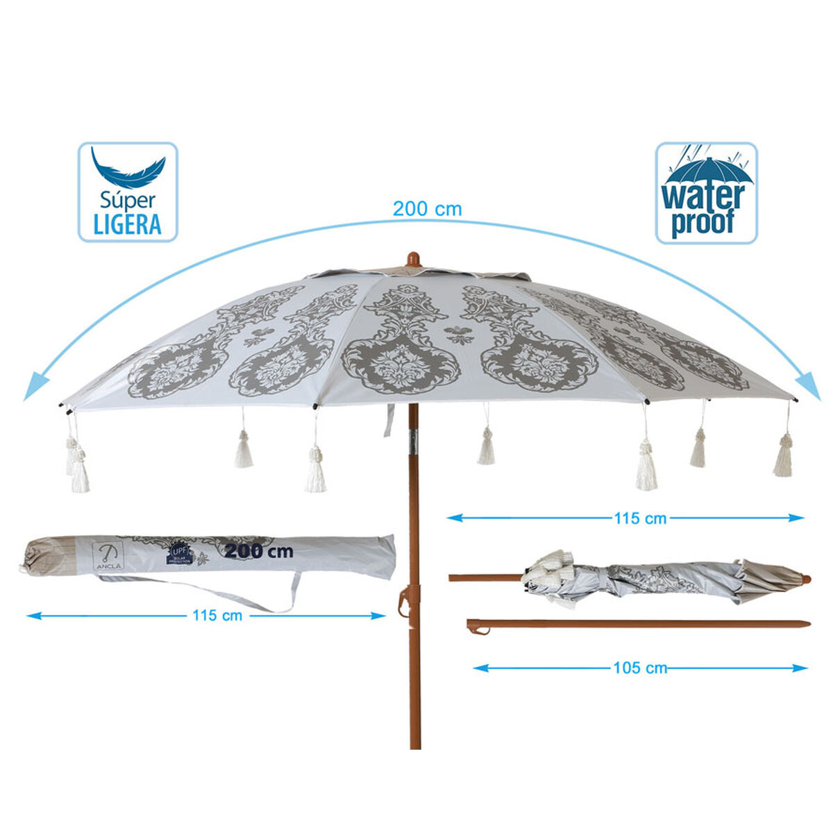 Parasoll Vit Ø 200 cm SPF50+ Boho - 5
