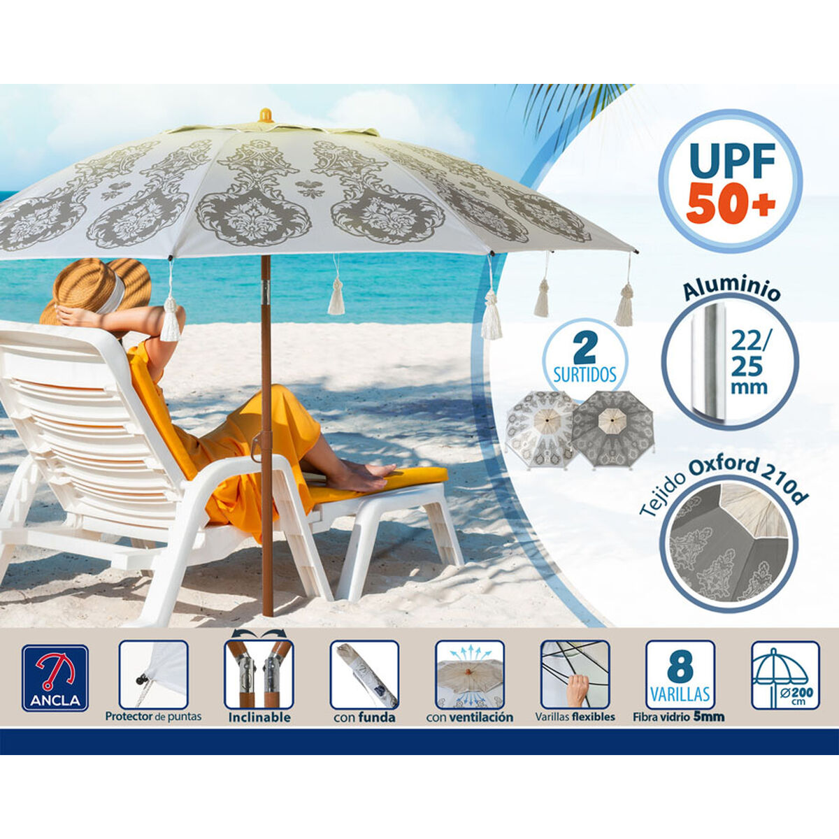 Parasoll Vit Ø 200 cm SPF50+ Boho - 3