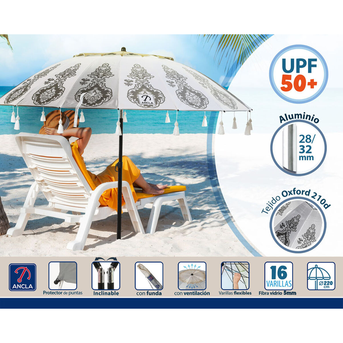 Parasoll Vit Ø 220 cm SPF50+ Boho - 3