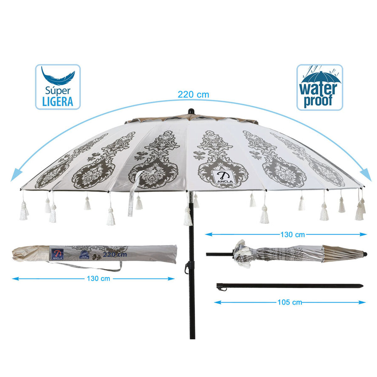 Parasoll Vit Ø 220 cm SPF50+ Boho - 5