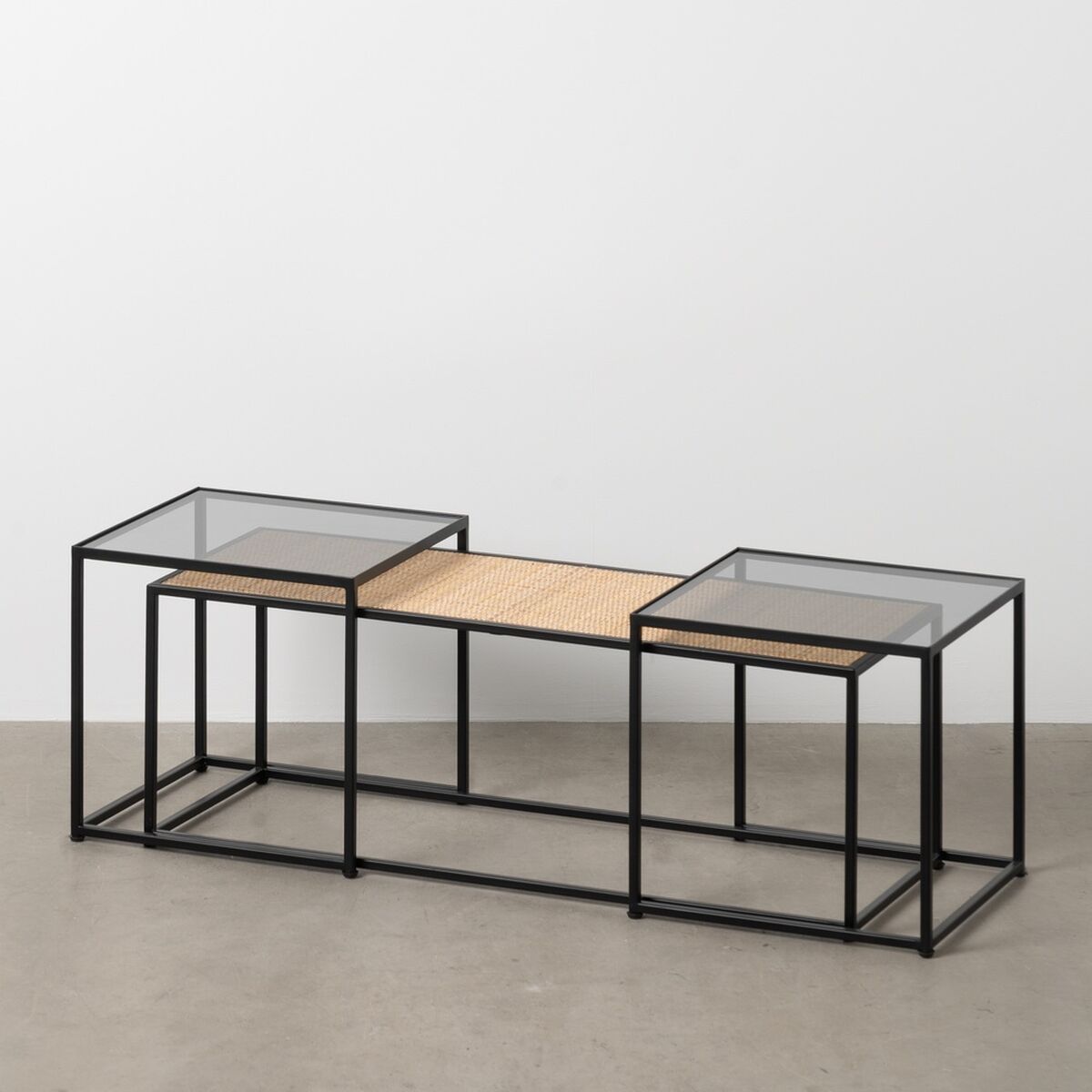 Soffbord Svart Naturell Glas Järn Rattan 97,5 x 34 x 35 cm (3 antal) - 2