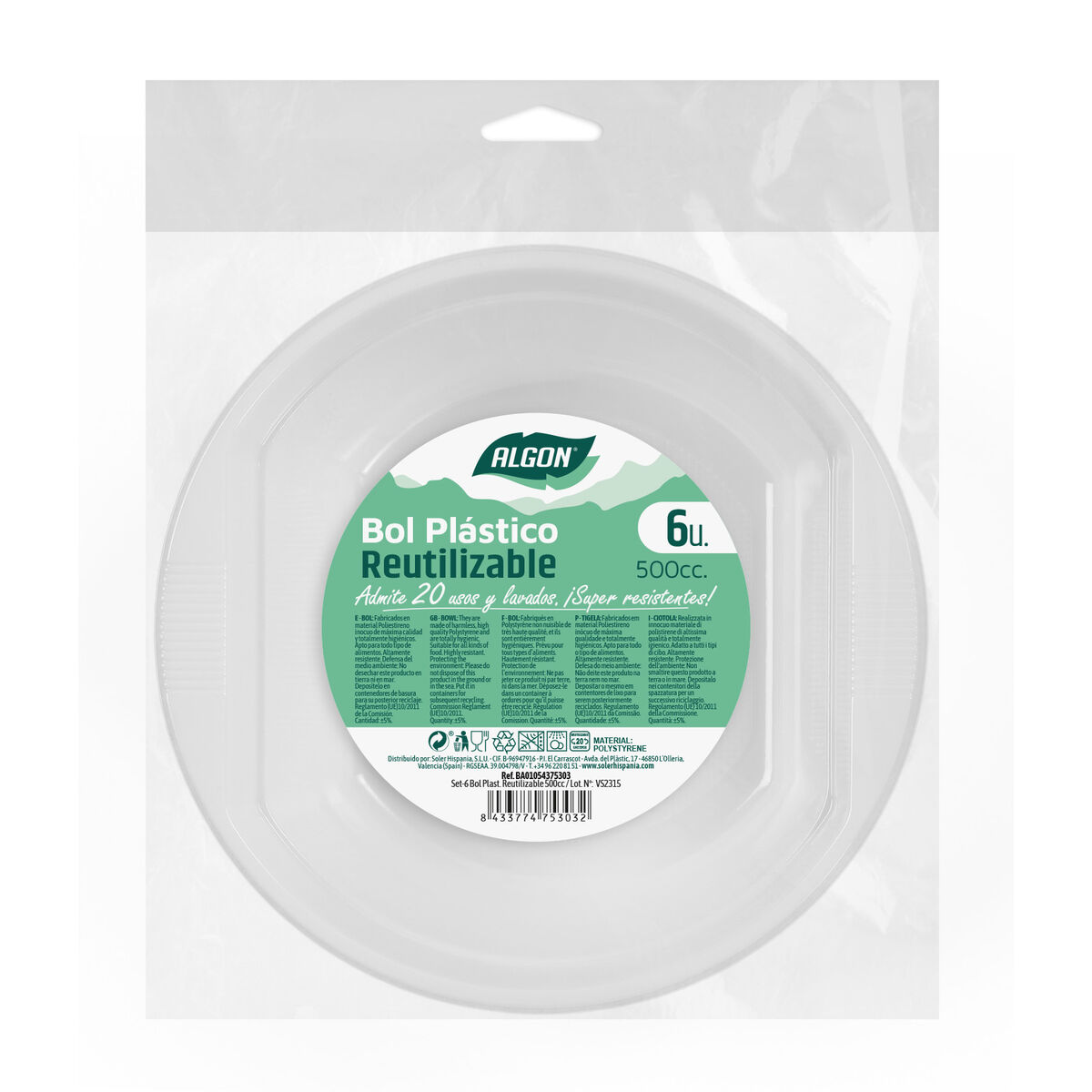 Set med återanvändbara skålar Algon Rund Vit Plast 500 ml 6 antal 16 x 16 x 5 cm - 4