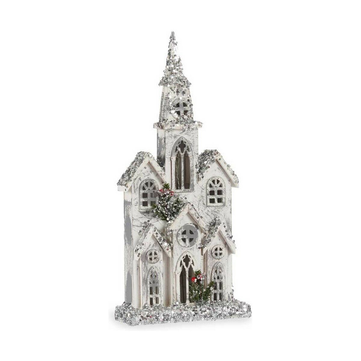 Prydnadsfigur Krist+ Vit Grå Glitter Hus Jul 25,5 x 56,5 x 9,5 cm LED Ljus
