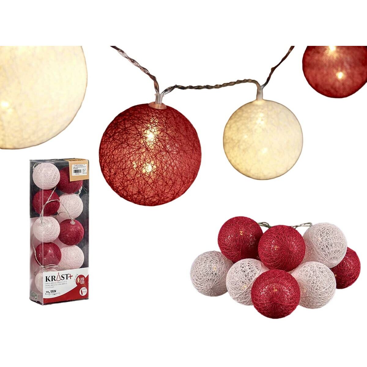 Bollkrans med LED Ø 6 cm Vit Röd 2 m (18 antal) - 2