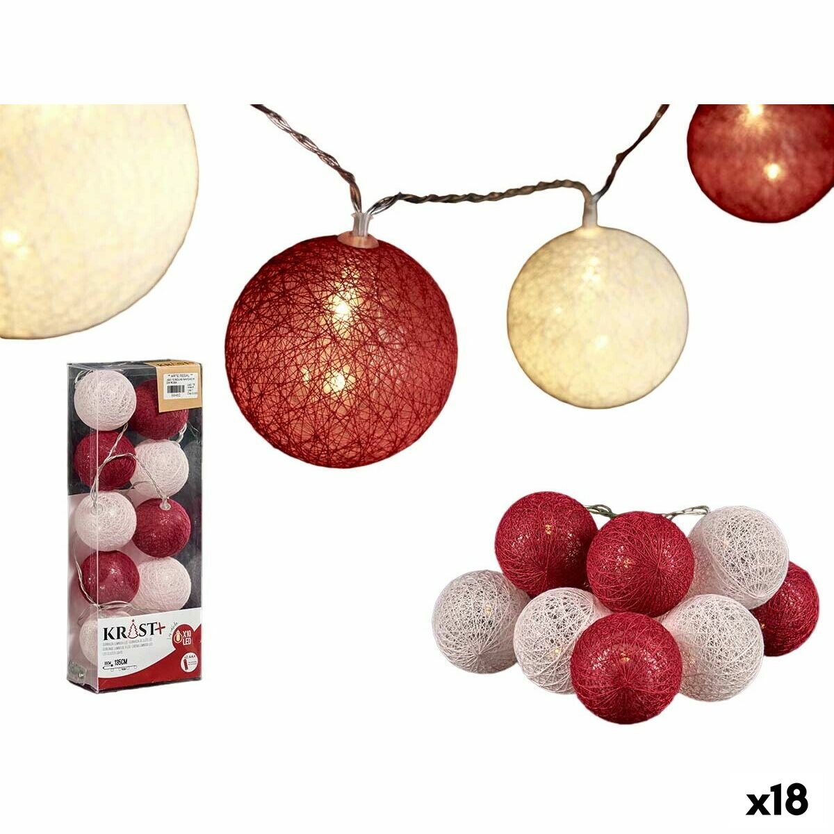 Bollkrans med LED Ø 6 cm Vit Röd 2 m (18 antal)