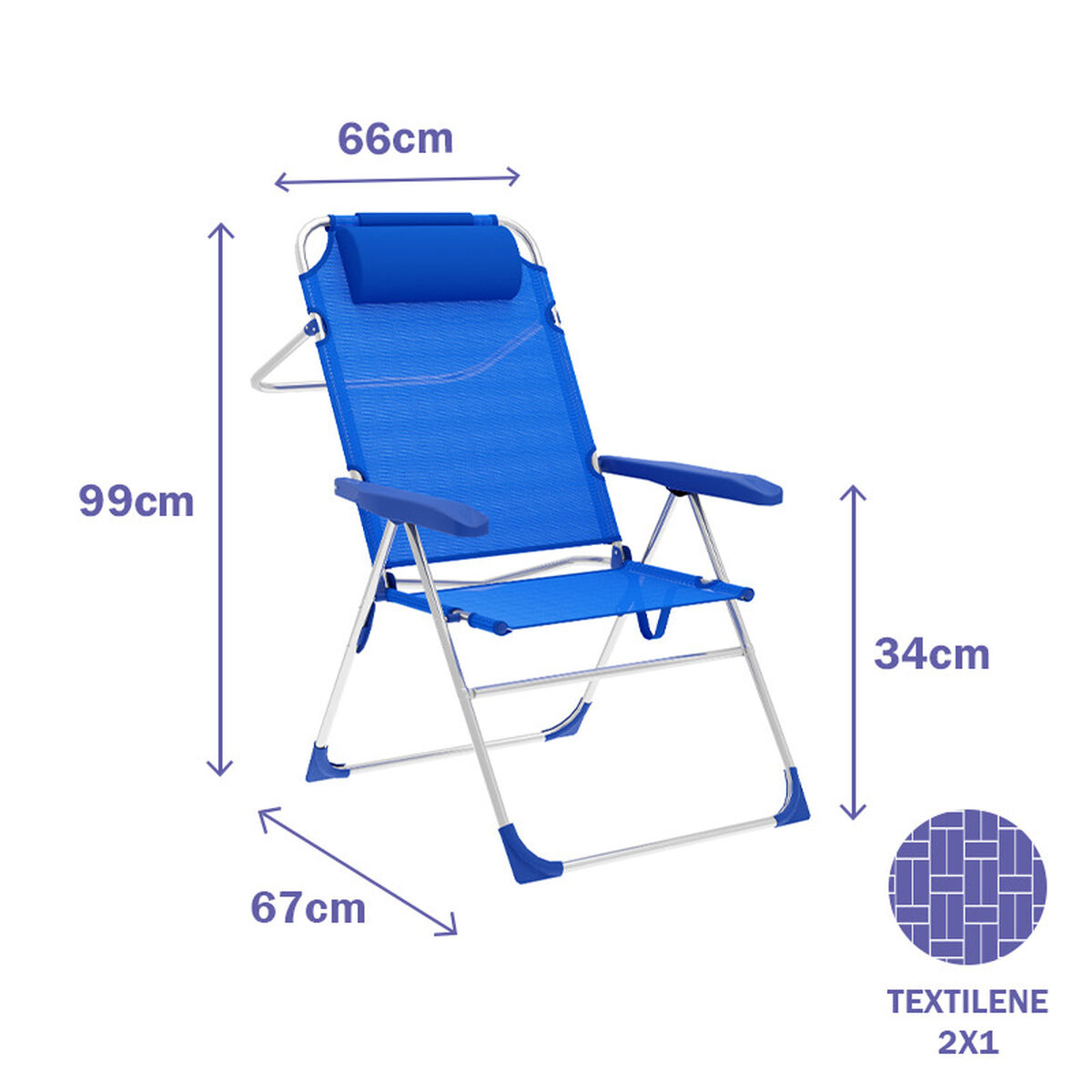 Marbueno Hopfällbar Stol 5 Positioner Aluminium med Kudde Blå Strand och Pool 67X66X99 cm 10247 - 2