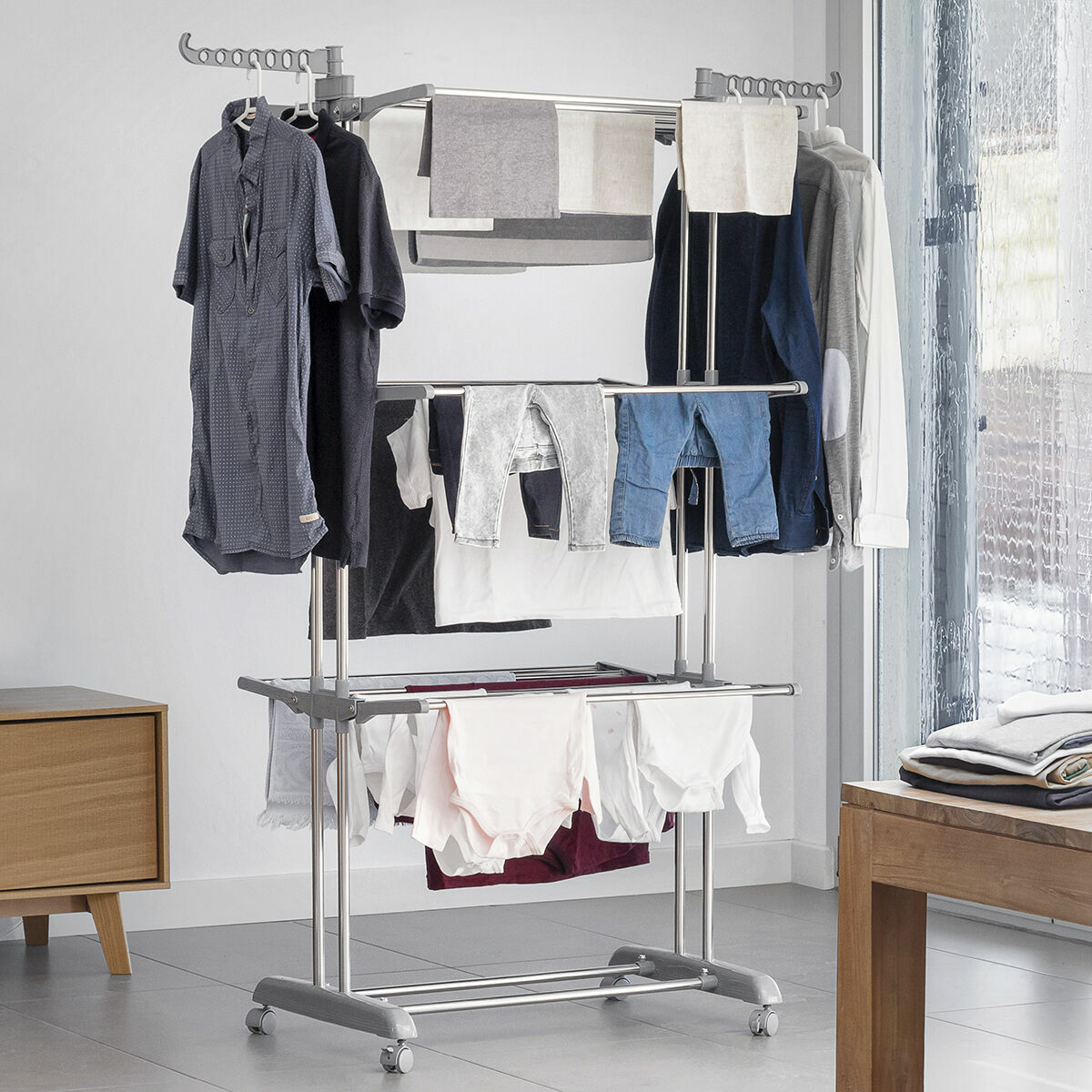 Vertikalt hopfällbart torkställ med hjul Folver InnovaGoods   24 Stänger Metall (Renoverade B) - 17