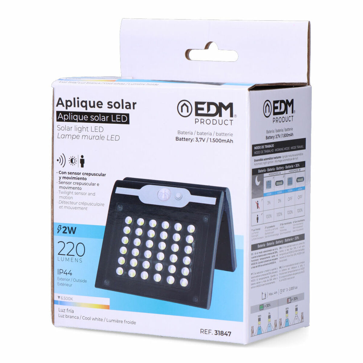 Vägglykta EDM 31847 Svart 2 W 220 lm Rörelsesensor Sol (6500 K) - 6