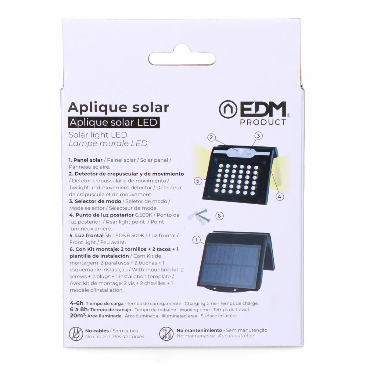 Vägglykta EDM 31847 Svart 2 W 220 lm Rörelsesensor Sol (6500 K) - 7