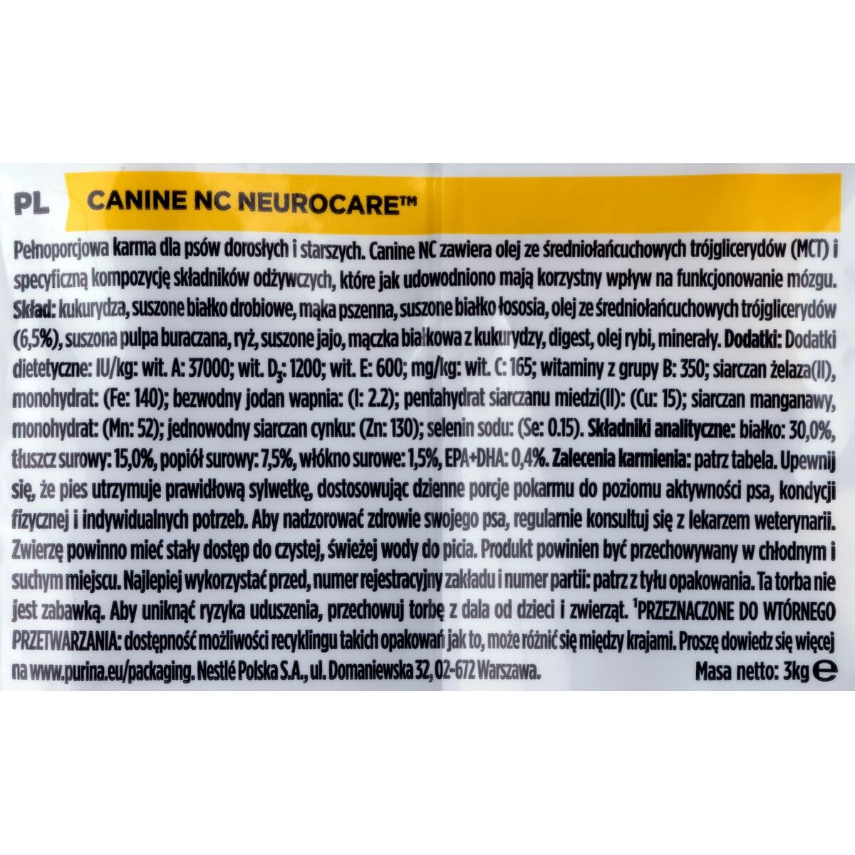 Foder Purina NC Neurocare Vuxen Lax Fåglar 3 Kg - 3