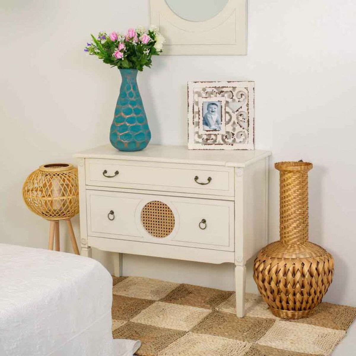 Kommod Alexandra House Living Vit Rattan Granträ Trä MDF 72 x 38 x 88 cm - 2