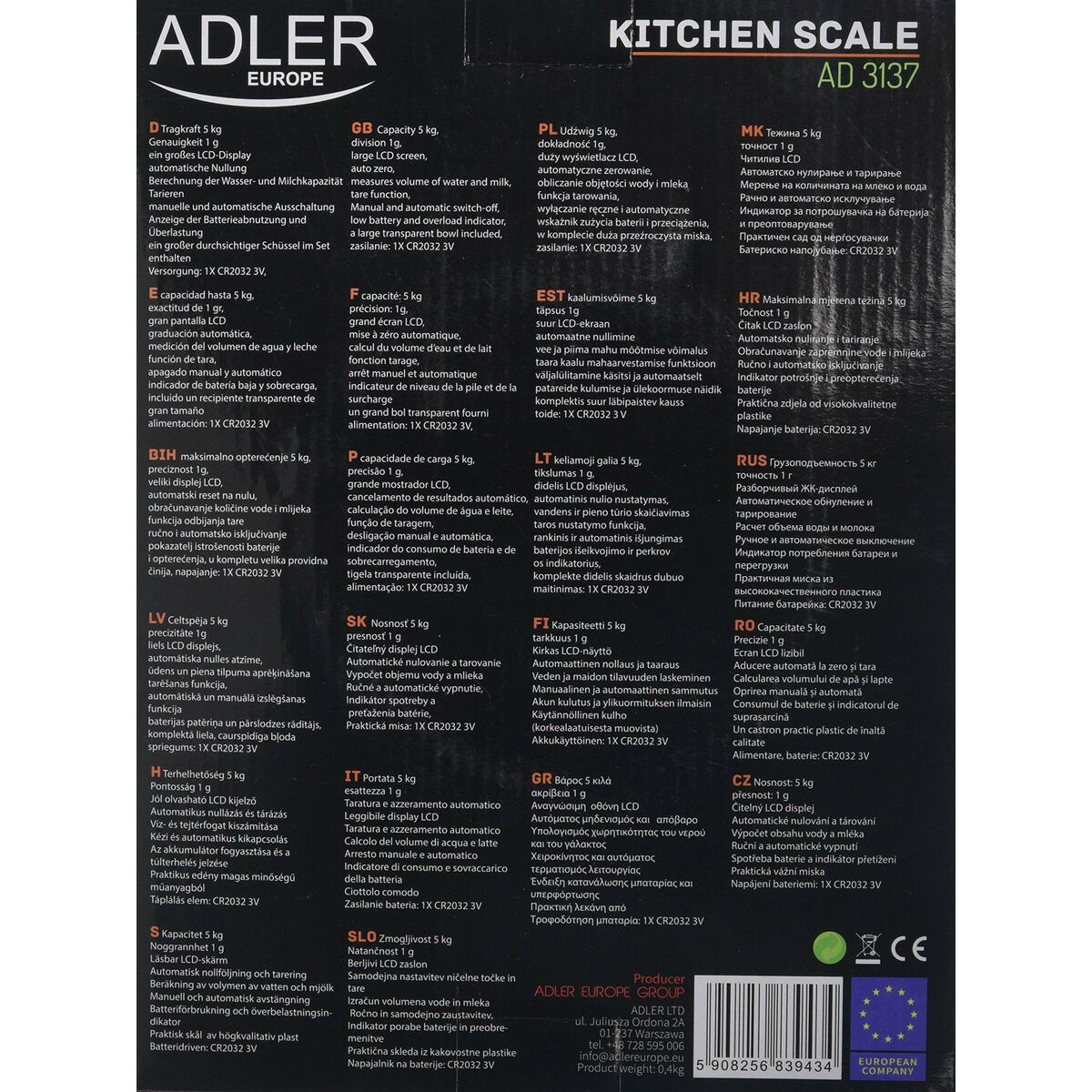 Köksvåg Adler AD 3137 Silvrig 5 kg - 3
