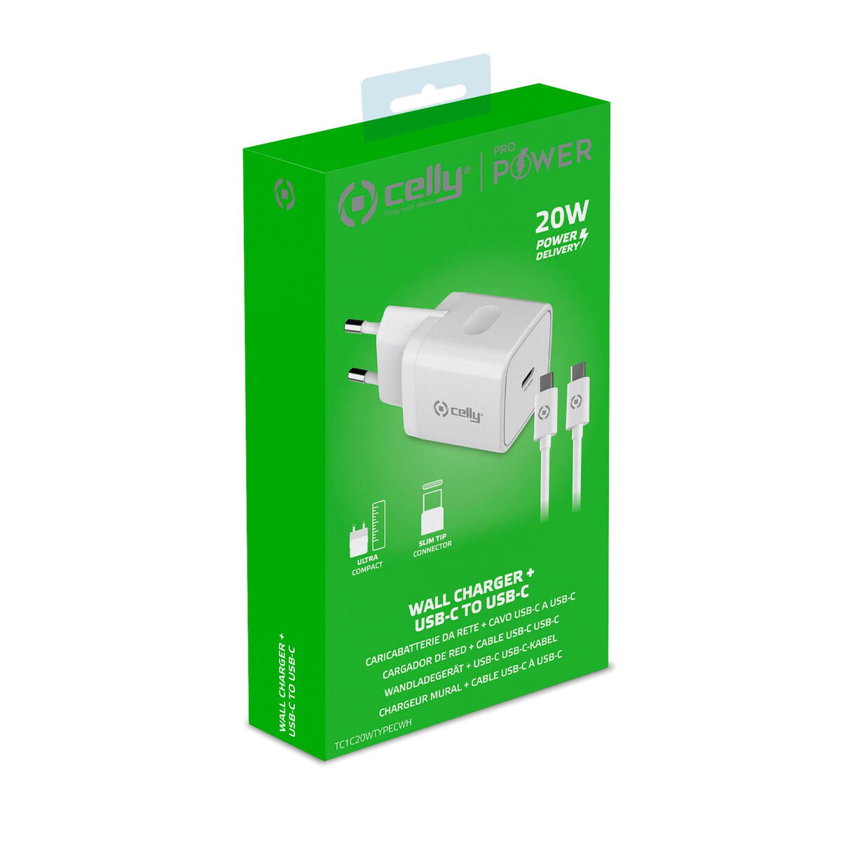 Väggladdare + USB C kabel Celly Vit 20 W - 2