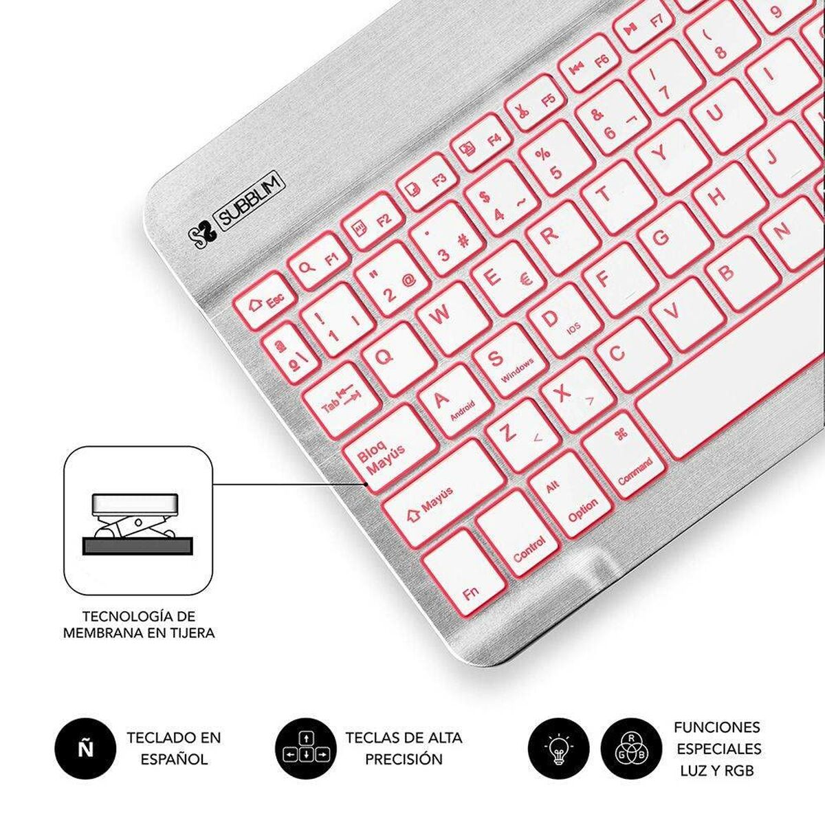 Bluetooth Tangentbord Subblim SUB-KBT-SMBL30 Multicolour Silvrig Qwerty Spanska QWERTY - 5