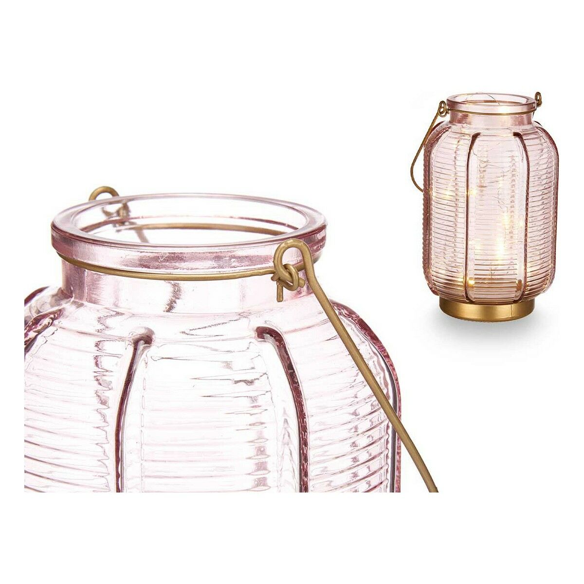 LED-lykta Gift Decor Rosa Gyllene Glas Ränder 13,5 x 22 x 13,5 cm - 2