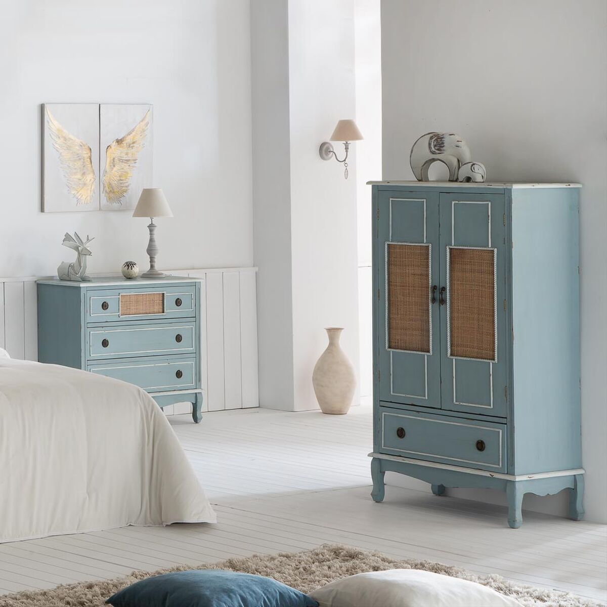 Skåp Alexandra House Living Blå Rattan Granträ Trä MDF 42 x 138 x 80 cm - 2
