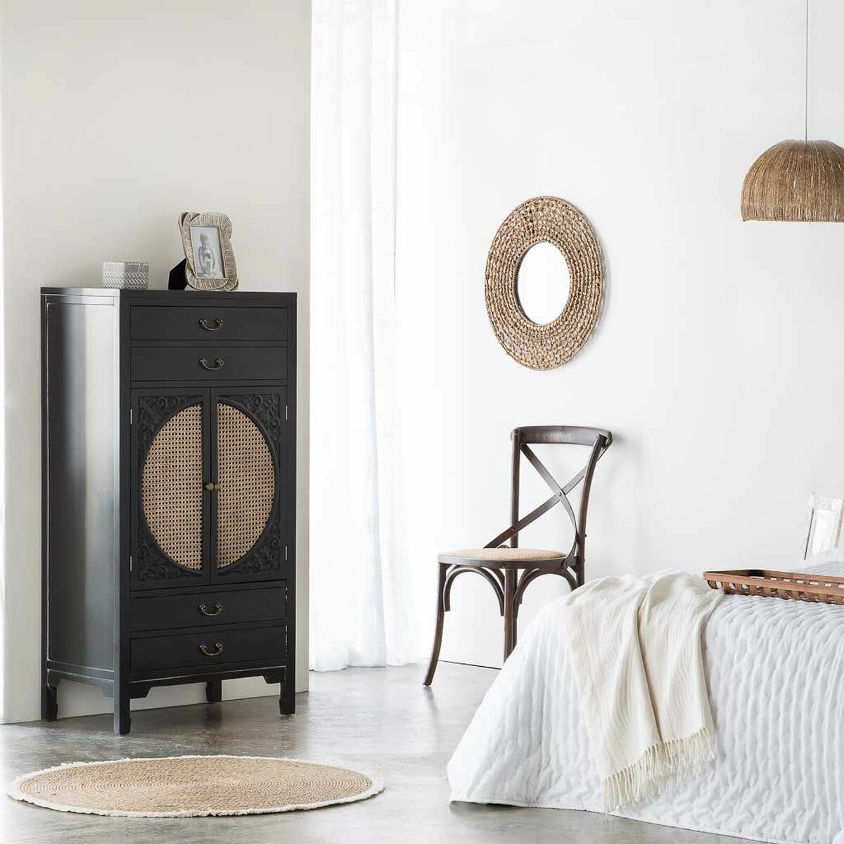 Skåp Alexandra House Living Svart Rattan Granträ Trä MDF 40 x 135 x 70 cm - 2