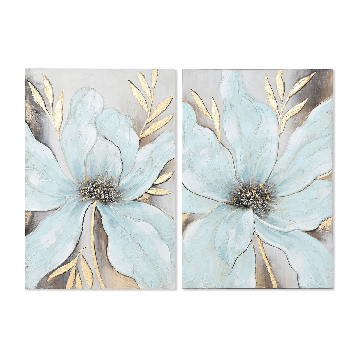 Kanvas Home ESPRIT Blå Gyllene Blomster Shabby Chic 60 x 3 x 90 cm (2 antal)
