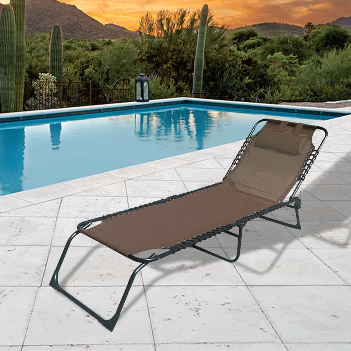 Marbueno Hopfällbar Solstol Stål Med Kudde Trädgård och Pool 190X58X27 cm Brun 10001 - 3