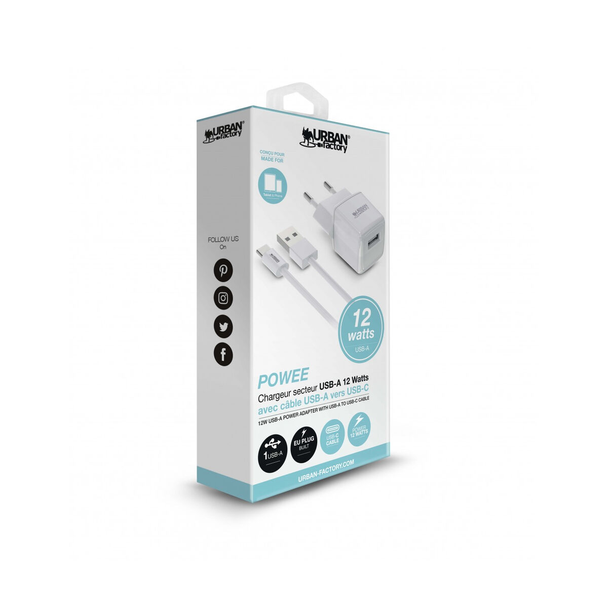 Väggladdare + USB-C kabel Urban Factory PSC25UF Vit 12 W