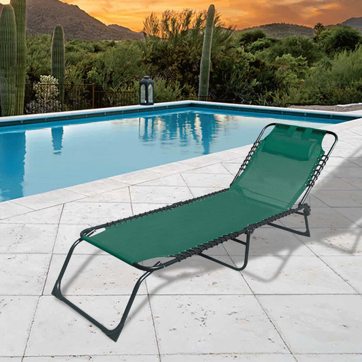 Marbueno Hopfällbar Stål Solstol Med Kudde Trädgård och Pool 190X58X27 cm Grön 10002 - 3
